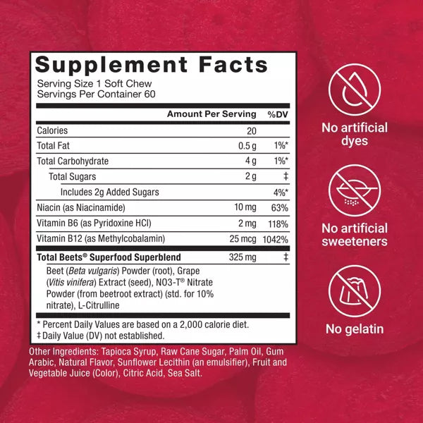 Force Factor Total Beets Dietary Supplements Soft Chews - Acai Berry - 60ct