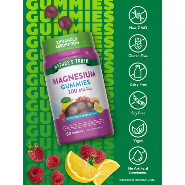 Nature's Truth Magnesium Gummies | 200mg | 60 Count | Lemon Raspberry Flavor