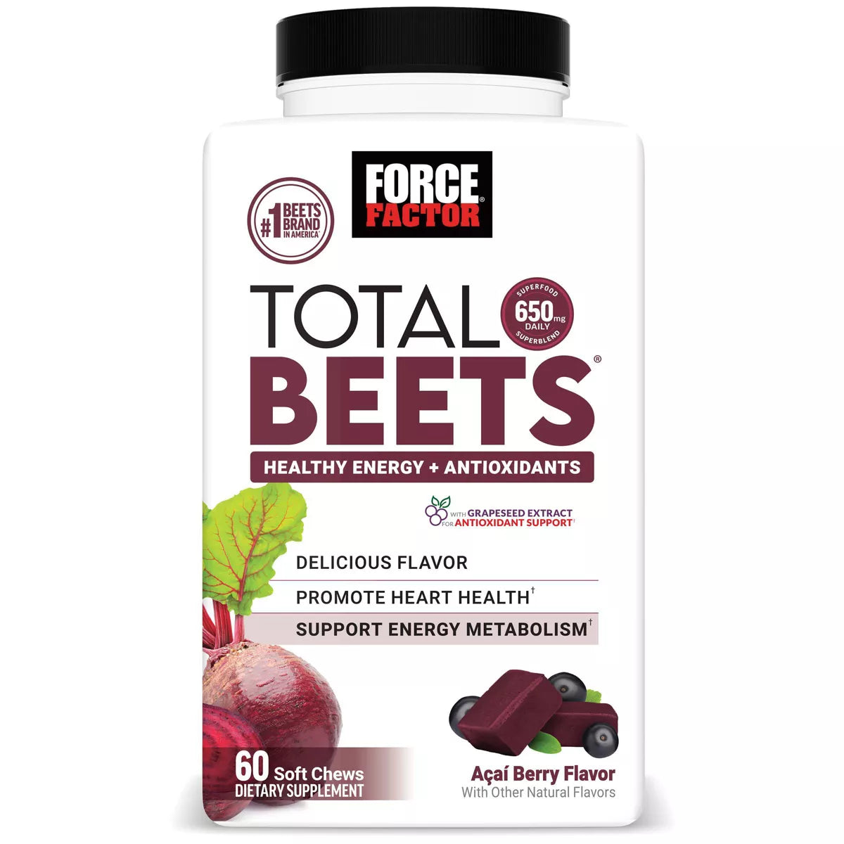 Force Factor Total Beets Dietary Supplements Soft Chews - Acai Berry - 60ct